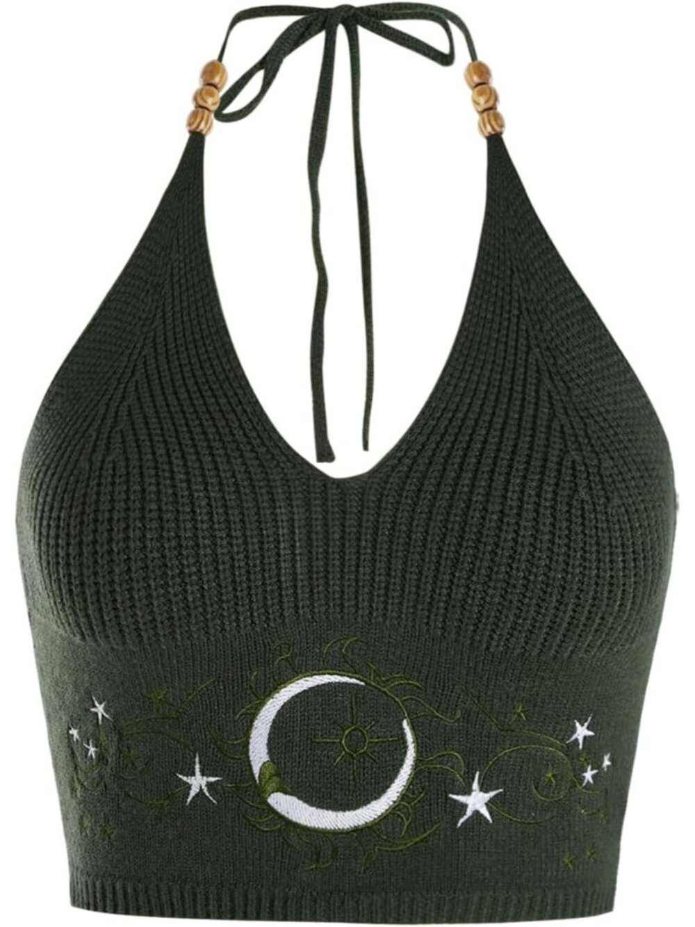Women's Green White Embroidery Crop Top Western V-Neck Ribbed Knit Cowgirl Shirt